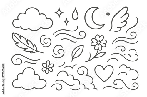 Ethereal Elements Icons. Ethereal softness. Hand-drawn doodle illustration Ethereal softness cloud, feather, swirl, moon, droplet, sparkle, mist, flower, wing,