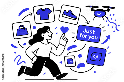 Personalized Shopping Experience. Customer experience personalization. A shopper taps a heart icon as product cards orbit; ?Just for you? tag glows. Confetti