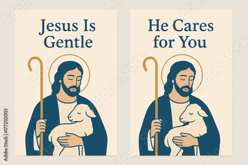 Gentle Shepherd Banners. Gentle Shepherd. Two vertical A6 banners with safe margins, centered composition, no elements touching edges, pastel, navy and gold,