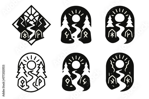 Mystical Woodland Path Logos. symbolic path leading through the woods, filled with light. Set Logo of symbolic path leading through the woods, filled with