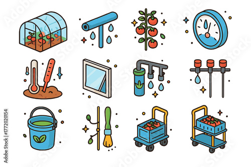 Greenhouse Tomato Icons. Greenhouse tomato cultivation. Colorful isometric vector icons set of Greenhouse tomato cultivation: greenhouse tunnel, irrigation