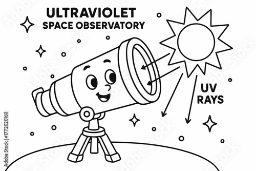 Cartoon Telescope Coloring Page. Ultraviolet space observatory children?s coloring book illustration, outlined drawing, a cartoon telescope capturing light
