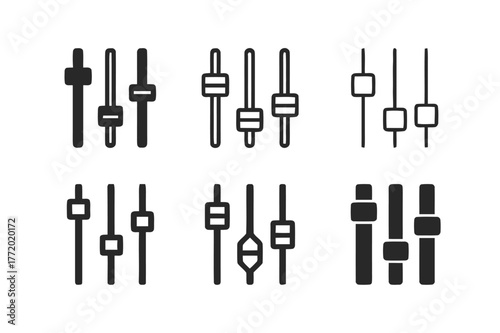 Performance Tech Logos. Technology for live performances. Set Logo of Technology for live performances: Digital mixing console faders. Icon set. harmonious