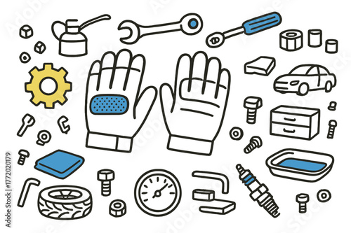 Mechanic Tools Doodle. // Mechanic gloves. Hand-drawn doodle illustration mechanic gloves [glove pair with grip pads (accented), ratchet wrench (accented),