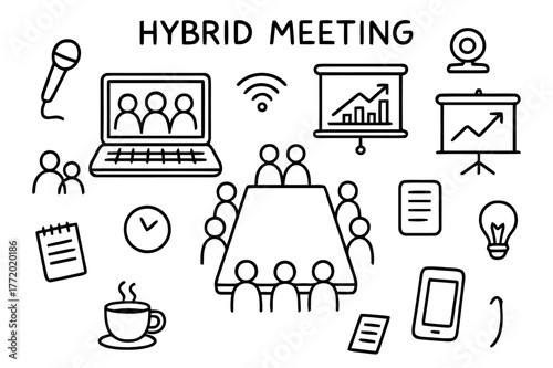Hybrid Meeting Doodles. Hybrid meeting. Hand-drawn doodle illustration hybrid meeting laptop, conference table, projector, webcam, microphone, chart, group