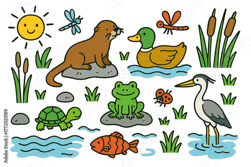 Colorful River Wildlife. River wildlife. Colorful Hand-drawn doodle Children illustration River wildlife otter, duck, frog, turtle, fish, heron, reeds,