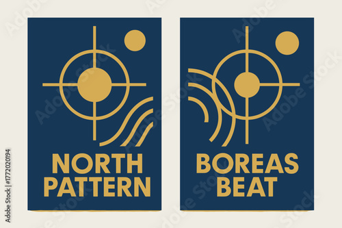 Bauhaus Polar Banners. Polar Rhythm. Two vertical A6 banners with safe margins, centered composition, no elements touching edges, bauhaus, deep blue and gold,