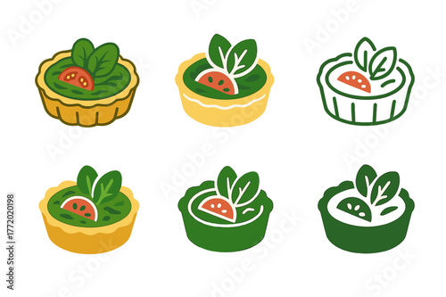 Vegetable Quiche Logos. Vegetable quiche. Set Logo of Vegetable quiche: tart filled with spinach and tomato. harmonious logo variations of the same emblematic