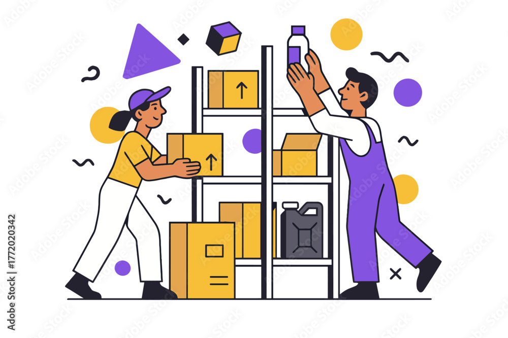 Dynamic Warehouse Restocking. Restocking Supplies. Warehouse shelves being filled with boxes and supplies with floating abstract geometric shapes, productive