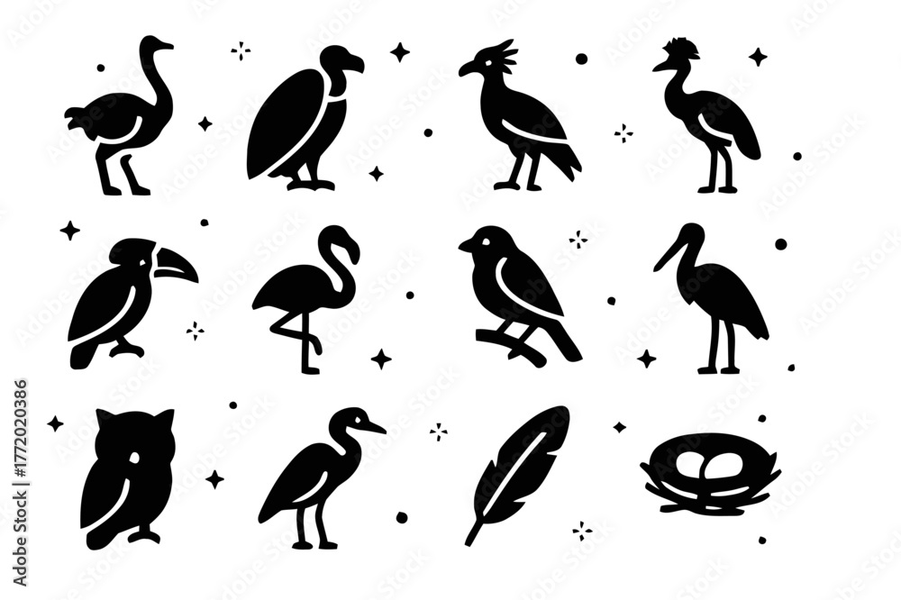 Naklejka premium Savanna Birds Icons. Savanna Birds. Solid icons set of Savanna Birds: ostrich, vulture, secretary bird, crowned crane, hornbill, flamingo, weaver bird, stork,