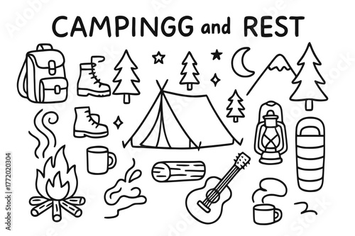 Camping Adventure Icons. Camping and rest. Hand-drawn doodle illustration camping and rest tent, campfire, trees, moon, stars, backpack, boots, lantern, mug,