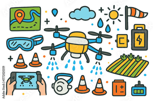 Drone Crop Spraying. Drone crop spraying. Colorful Hand-drawn doodle Children illustration Drone crop spraying quadcopter, spray nozzles, tank, waypoint map,