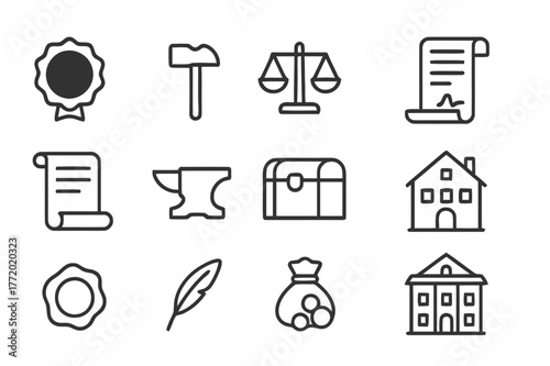 Guild and Merchant Icons. Guilds and merchants. Line icon set of guilds and merchants: merchant seal, hammer, scale, contract, scroll, anvil, chest, workshop,