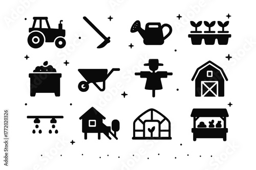 Organic Farming Icons. Farming and agriculture with organic produce. Solid icons set of Farming and agriculture with organic produce: tractor, hoe, watering