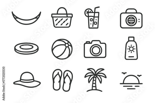 Summer Leisure Icons. Summer Leisure. Line icon set of Summer Leisure: hammock, picnic basket, iced tea glass, portable speaker, frisbee, beach ball, camera,
