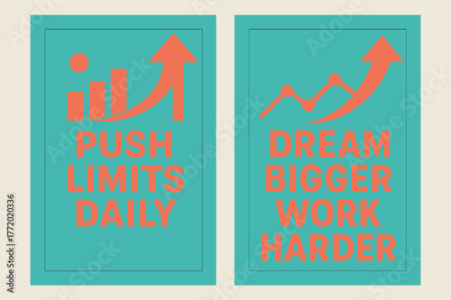 Motivational Banners Design. Push limits daily. Two vertical A6 banners with safe margins, centered composition, no elements touching edges, modern, turquoise