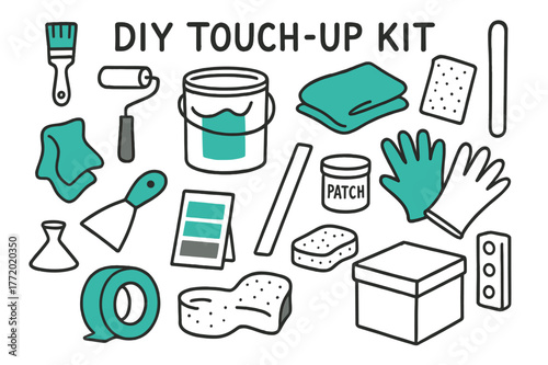 DIY Touch-Up Kit. DIY touch-up kit. Hand-drawn doodle illustration DIY touch-up kit [small brush (accented), mini roller, paint can (accented), stir stick,