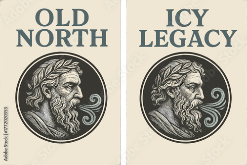 Ancient Boreas Banners. Ancient Chill. Two vertical A6 banners with safe margins, centered composition, no elements touching edges, retro, charcoal and icy