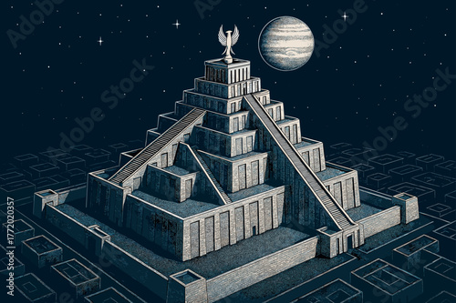 Ziggurat under Jupiter Stars. Ziggurat Etemenanki under Jupiter, Marduk?s symbol rising above skyline, night sky with stars, isometric architectural drawing,