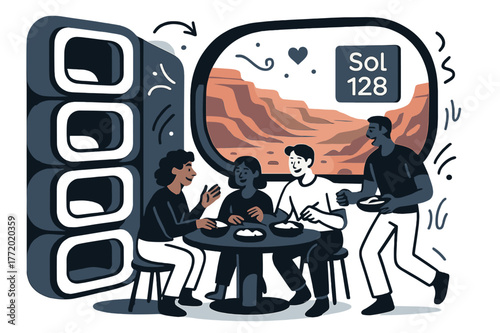 Mars Habitat Life. Habitat interior: commons & sleep pods. Residents share a meal under a curved window of red canyons; ?Sol ? floats on a wall display. Cozy