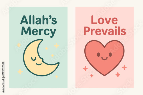Mercy and Love Banners. Mercy & Love. Two vertical A6 banners with safe margins, centered composition, no elements touching edges, cartoon, pastel mint and