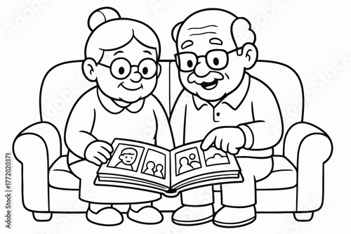 Grandparents' Cozy Album. Grandparents? photo corner children?s coloring book illustration, outlined drawing, an elderly couple sitting on a couch looking at