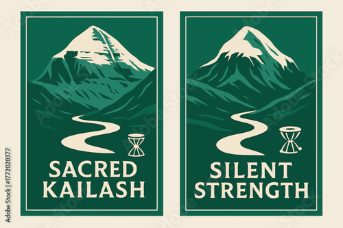 Sacred Kailash Banners. Kailash Silence. Two vertical A6 banners with safe margins, centered composition, no elements touching edges, modern, emerald and