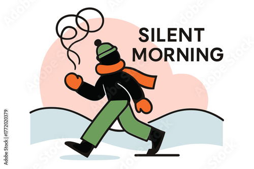 Abstract Smoke Trail. Morning Smoke Trail. Pale blue snow, soft pink sky, and one thin smoke line curling into abstract circles. ?Silent Morning? rests in