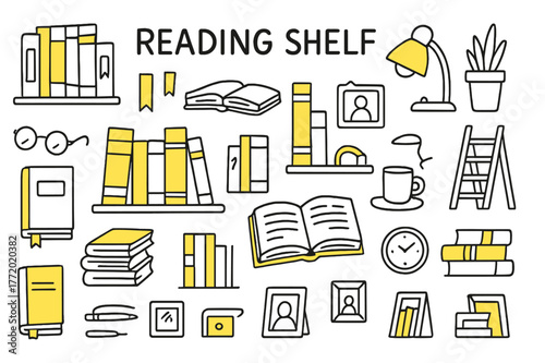 Colorful Reading Shelf. Reading shelf. Hand-drawn doodle illustration bookshelf (colored), hardcover books (colored), paperback books (colored), book spines