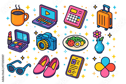 Lifestyle Blogger Essentials. Lifestyle blogger. Colorful isometric vector icons set of lifestyle blogger: coffee mug, laptop, planner, travel suitcase, makeup