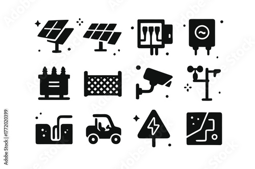 Solar Farm Icon Set. Utility-scale solar farm. Solid icons set of Utility-scale solar farm: single-axis tracker, fixed-tilt row, combiner box, string inverter,