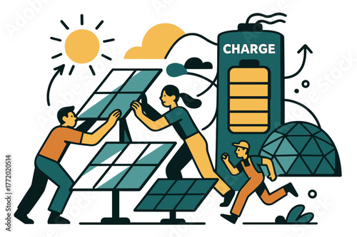 Dynamic Solar Harvesting. Solar arrays & energy storage. Crews tilt mirror-clean panels toward the sun while battery towers pulse; ?Charge? ticks upward.