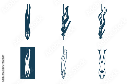 Freediving Logo Variations. Freediving. Set Logo of Freediving: diver along descent line. harmonious logo variations of the same emblematic concept, each with