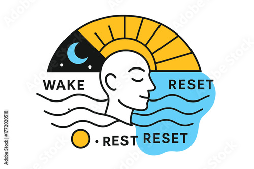 Harmonious Circadian Cycle. Circadian Rhythm Balance. A sunrise clock arcs from night to day behind a calm face; ?Wake ? Rest ? Reset? floats in rhythm lines.