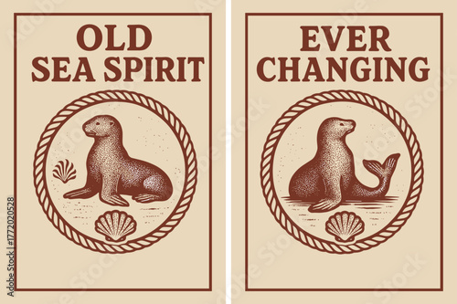 Ancient Sea Banners. Ancient Shore. Two vertical A6 banners with safe margins, centered composition, no elements touching edges, retro, maroon and beige,