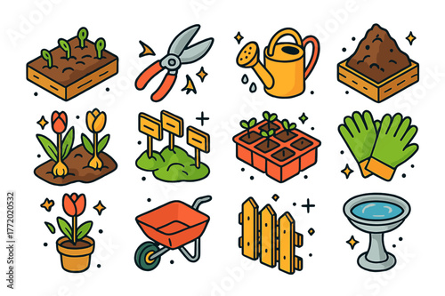 Seasonal Garden Icons. Seasonal garden awakening. Colorful isometric vector icons set of Seasonal garden awakening: garden bed sprouts, pruning shears,