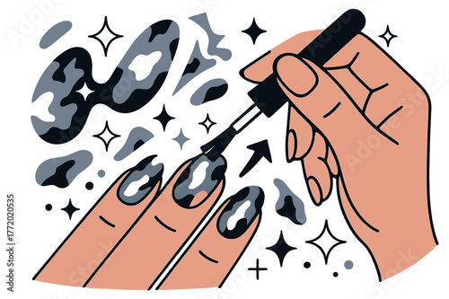 Foil Nail Artistry. Foil nails. Hand holding nail polish brush with abstract floating foil patterns, sparkles, and stars; emphasizes beauty, style, and