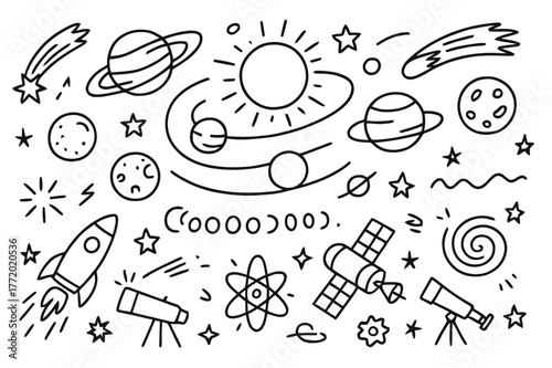 Cosmic Doodle Art. Planets and cosmic motion. Hand-drawn doodle illustration Planets and cosmic motion orbit lines, planet rings, sun, comet, shooting star,