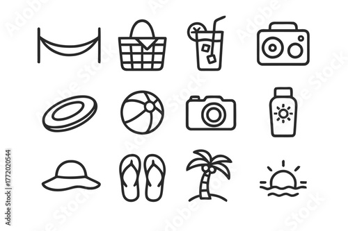 Summer Leisure Icons. Summer Leisure. Line icon set of Summer Leisure: hammock, picnic basket, iced tea glass, portable speaker, frisbee, beach ball, camera,