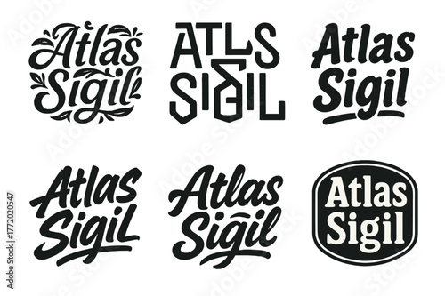 Atlas Sigil Variations. Atlas Sigil. Set lettering. harmonious lettering variations of the same emblematic concept, each with different artistic interpretation