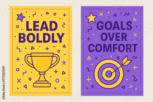 Bold Leadership Banners. Lead boldly. Two vertical A6 banners with safe margins, centered composition, no elements touching edges, memphis, purple and yellow,