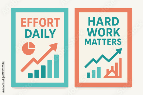 Effort & Hard Work. Effort daily. Two vertical A6 banners with safe margins, centered composition, no elements touching edges, modern, turquoise and coral,