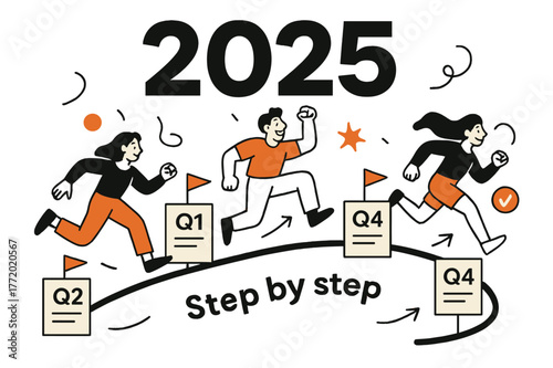 Vision Board. Vision Board ? Year Overview. Big ?? headline anchors a clean timeline; milestone cards pin along with tiny flags. Caption ?Step by step? curves