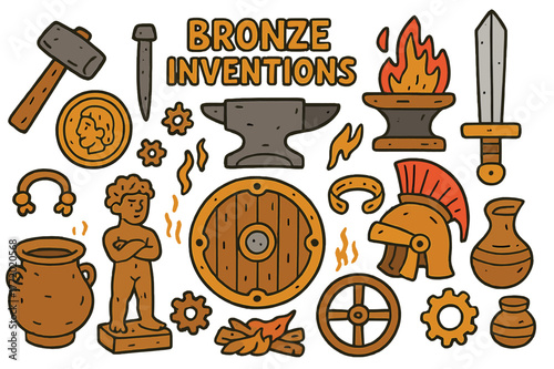 Bronze Age Creations. Bronze inventions. Colorful Hand-drawn doodle Children illustration Bronze inventions bronze tools, hammer, chisel, anvil, sword, shield,
