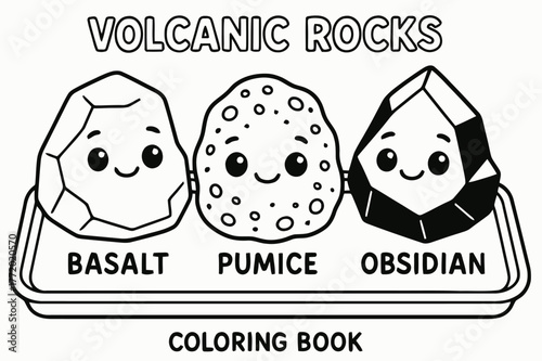 Volcanic Rocks Coloring. Volcanic rocks children?s coloring book illustration, outlined drawing, three cute rock characters labeled basalt, pumice, and