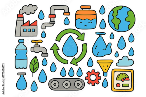 Water Recycling Icons. Water Recycling. Colorful Hand-drawn doodle Children illustration Water Recycling recycle arrows, water drop, factory, pipe, tank,