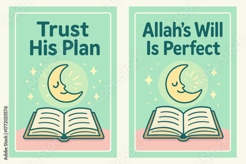 Trust in Allah's Plan. Perfect Plan. Two vertical A6 banners with safe margins, centered composition, no elements touching edges, cartoon, pastel mint and