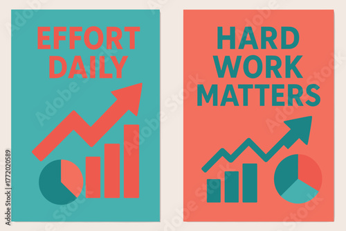 Effort & Hard Work. Effort daily. Two vertical A6 banners with safe margins, centered composition, no elements touching edges, modern, turquoise and coral,