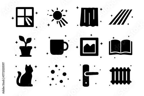 Window Light Icons. Window Light. Solid icons set of Window Light: window frame, sunbeam, sheer curtain, shadow stripes, windowsill plant, coffee mug, picture