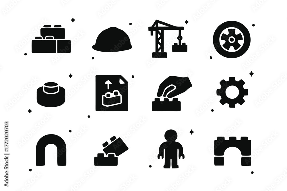 Fototapeta premium LEGO Icons Collection. LEGO Construction Play. Solid icons set of LEGO Construction Play: stacked bricks, builder hat, crane arm, wheel, connector peg,
